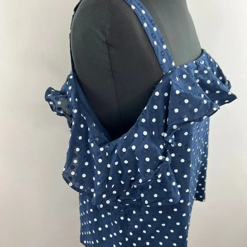 J. Crew Navy Polka-Dot Cotton Square Neck Flounce Cold Shoulder Blouse Size 14